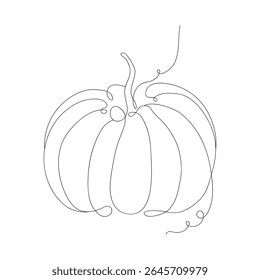 Autumn pumpkin drawn in a continuous line, in the style of line art. Design element for Thanksgiving, Halloween, postcards, and invitations. Minimalistic outline drawing.