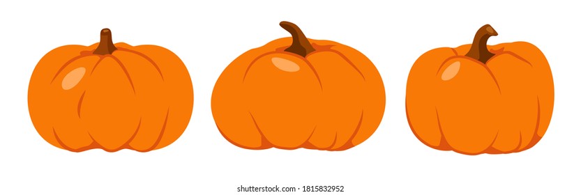 Autumn pumpkin flat icon set.Cartoon different shape orange gourd. Symbol Thanksgiving and Halloween. Ripe vegetable squash. Gather farm harvest, season crop capacity. Isolated vector illustration