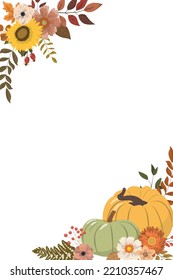 Autumn pumpkin floral frame, invitation template with hand painted flowers and leaves. Beautiful autumn border in rustic style. Wedding invite design. Isolated on white background.