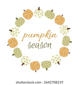 Autumn pumpkin frame. Autumn circle frame. Round border made of fall pumpking in green and orange. Vector flat isolated on white background.	
