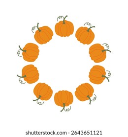 Marco de calabaza de otoño. Marco de círculo de otoño. Borde redondo de bombeo de otoño en verde y naranja. Vector plano aislado sobre fondo blanco.