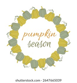 Autumn pumpkin frame. Autumn circle frame. Round border made of fall pumpking in green and orange. Vector flat isolated on white background.	
