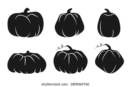 Autumn pumpkin glyph icons set with white line. Symbol Thanksgiving and Halloween of holiday in october. Template different shape gourd. Simple black silhouette squash. Isolated vector illustration