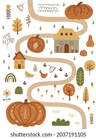 Autumn Pumpkin Harvest Festival In Village. Cute Map With Pumpkins, Houses, Farm Cottage, Chicken, Tree. Fall Invitation. Vector Autumn Illustration. Garden, Farm, Agriculture. Nature Scene Poster.