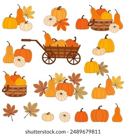 Autumn pumpkin harvest and Thanksgiving celebration concept. Collection of vector design elements, icon set, stickers.