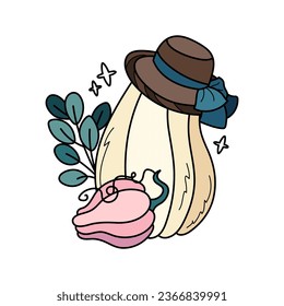 Autumn pumpkin in hat with a bow and green leaves. Cute hand drawn illustration. Adorable kawaii composition. Vector cartoon flat clipart for seasonal greeting cards, prints, stickers, packaging.