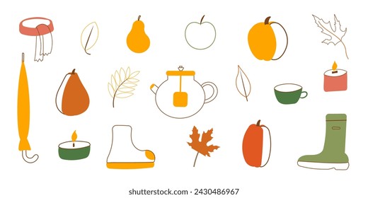 autumn pumpkin jacket mushrooms leaves candle pear scarf headphones set elements line doodle