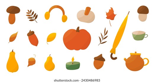 autumn pumpkin jacket mushrooms leaves candle pear headphones set elements vector illustration