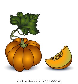 Autumn pumpkin with leaf  and slice on white background