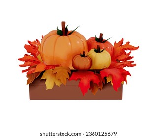 Autumn pumpkin with leaves 3d vector on a white background