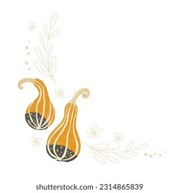 Herbstkürbis und Blätterecke. Herbstsaison-Rahmen. Handzeichnung, flache Vektorgrafik.