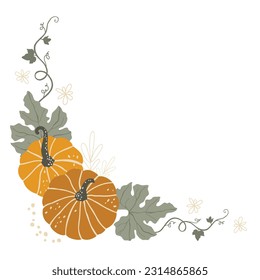 Calabaza otoñal y esquina de hojas. La temporada de otoño. Ilustración del vector plano de dibujo manual.
