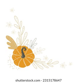 Calabaza otoñal y esquina de hojas. La temporada de otoño. Ilustración del vector plano de dibujo manual.