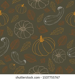 Autumn pumpkin and leaves pattern contour  vector illustration for design and decoration