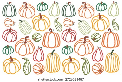 Padrão de arte de abóbora de outono. Mão desenhado colorido Contorno Vegetais no fundo branco.