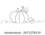 Autumn pumpkin in one continuous line drawing. Halloween and Thanksgiving greeting card in simple linear style. Fall harvest in editable stroke. Doodle vector illustration