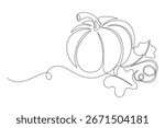 Autumn pumpkin in one continuous line drawing. Halloween and Thanksgiving greeting card in simple linear style. Fall harvest in editable stroke. Doodle vector illustration