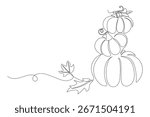 Autumn pumpkin in one continuous line drawing. Halloween and Thanksgiving greeting card in simple linear style. Fall harvest in editable stroke. Doodle vector illustration