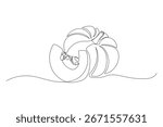 Autumn pumpkin in one continuous line drawing. Halloween and Thanksgiving greeting card in simple linear style. Fall harvest in editable stroke. Doodle vector illustration