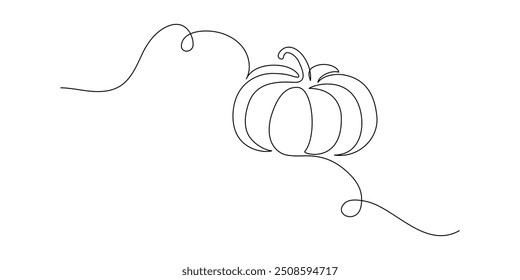 Autumn pumpkin in one continuous line drawing. Halloween and Thanksgiving greeting card in simple linear style. Fall harvest in editable stroke. Doodle vector illustration