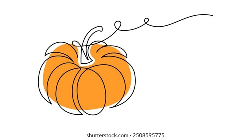 Autumn pumpkin in one continuous line drawing. Halloween and Thanksgiving greeting card in simple linear style. Fall harvest in editable stroke. Doodle vector illustration