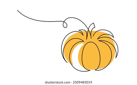 Autumn pumpkin in one continuous line drawing. Halloween and Thanksgiving greeting card in simple linear style. Fall harvest in editable stroke. Doodle oneline vector illustration
