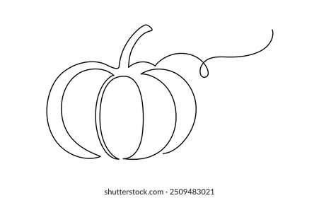 Autumn pumpkin in one continuous line drawing. Halloween and Thanksgiving greeting card in simple linear style. Fall harvest in editable stroke. Doodle modern vector illustration