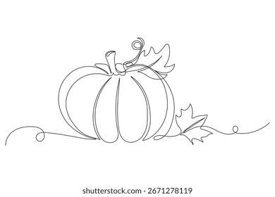 Calabaza de otoño en un dibujo de línea continua. Tarjeta de felicitación de Halloween y Acción de Gracias en estilo lineal simple. Cosecha de otoño en trazo editable. Ilustración vectorial Doodle