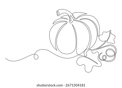 Herbstkürbis in einer durchgehenden Strichzeichnung. Halloween und Thanksgiving Grußkarte im einfachen linearen Stil. Herbsternte in editierbarem Schlaganfall. Doodle, Vektorgrafik