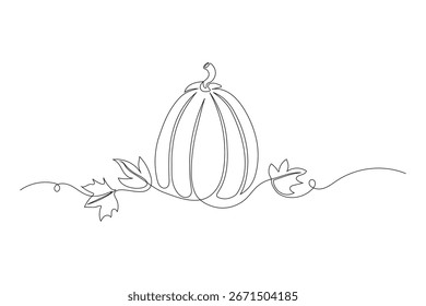Autumn pumpkin in one continuous line drawing. Halloween and Thanksgiving greeting card in simple linear style. Fall harvest in editable stroke. Doodle vector illustration
