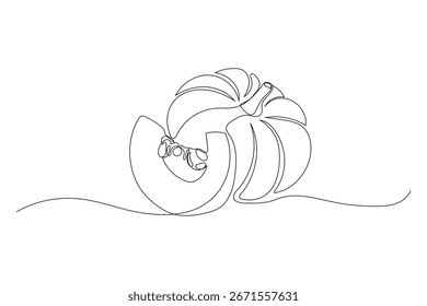 Autumn pumpkin in one continuous line drawing. Halloween and Thanksgiving greeting card in simple linear style. Fall harvest in editable stroke. Doodle vector illustration