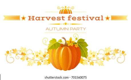Autumn pumpkin patch greeting card. Harvest festival poster. Fall party invitation banner. Thanksgiving day - american traditional family holiday, white background isolated, vector illustration flyer.