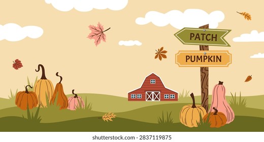 Autumn pumpkin patch with rustic old red barn with the sign background. Harvest festival and Thanksgiving day concept hand drawn vector illustration. Vintage village banner.