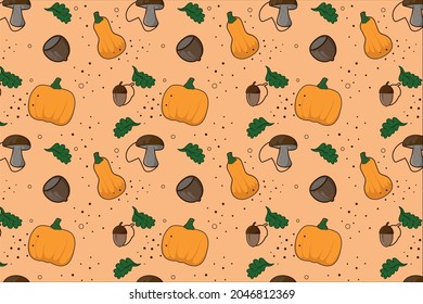 Autumn pumpkin pattern with acorn, mushrooms , nuts and light orange background. Vector illustration