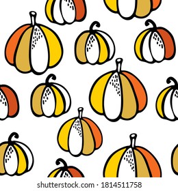Kürbismuster im Herbst. Helles, nahtloses Bild für Textilien, Tapete, Geschenkverpackung, Postkarten. Vektorgrafik.