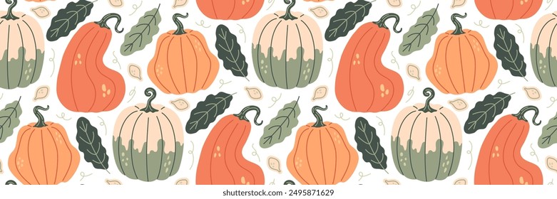 Autumn pumpkin pattern. Fall season vegetables background. 