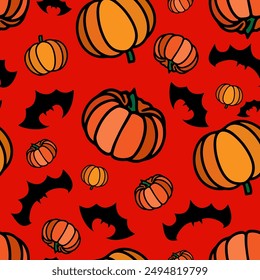 Autumn Pumpkin pattern with  Halloween flyinf bats. Thanksgiving vegetable seamles print. Autumn-themed repeat print. Fall harvest wallpapers, digital paper.