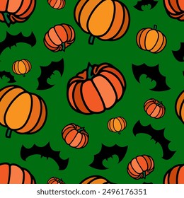 Autumn Pumpkin pattern with  Halloween flyinf bats. Thanksgiving vegetable seamles print. Autumn-themed repeat print. Fall harvest wallpapers, digital paper.