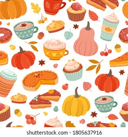 Kürbismuster im Herbst. Kürbisgewürze, Zimtwarme und Konditorei-Druck. Thanksgiving-Essen, Kuchenkaffee, Vektorgrafik nahtlos