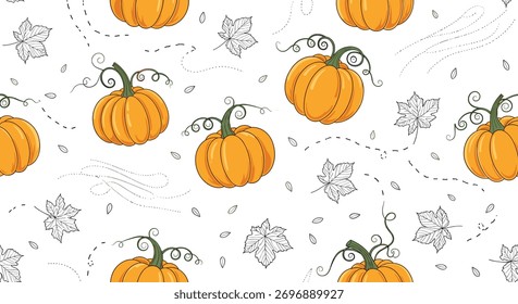 An autumn pumpkin pattern with white snowflakes and dots.
