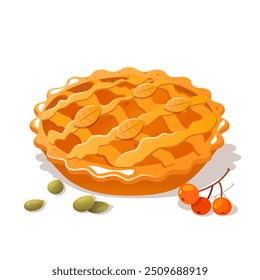 Autumn pumpkin pie design with pumpkin seeds and berries near isolated on white background.