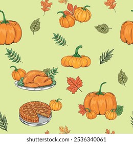 Calabaza de otoño, pastel, pavo asado sin patrón colorido con ramitas y pétalos de diferentes tonos para el embalaje de productos de octubre de temporada Ilustración vectorial