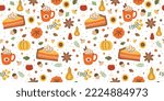 Autumn pumpkin pie slice and pumpkin spice latte seamless pattern decorated fall leaves, flowers, acorns, botanical berry. Fall season food illustration in vector is great for Thanksgiving day.