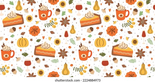 Autumn pumpkin pie slice and pumpkin spice latte seamless pattern decorated fall leaves, flowers, acorns, botanical berry. Fall season food illustration in vector is great for Thanksgiving day.