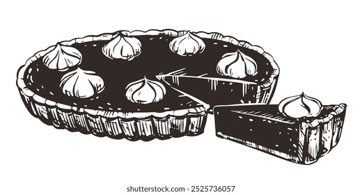 Autumn pumpkin pie with whipped cream. Traditional baking for Thanksgiving and Halloween. Vector illustration in hand-drawn sketch style. Line art in ink.