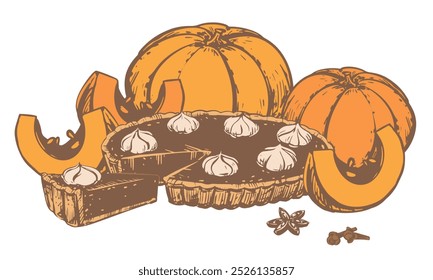 Autumn pumpkin pie with whipped cream. Traditional baking for Thanksgiving and Halloween. Vector illustration in hand sketch style. Ink drawing of a piece of pie and whole pumpkins.