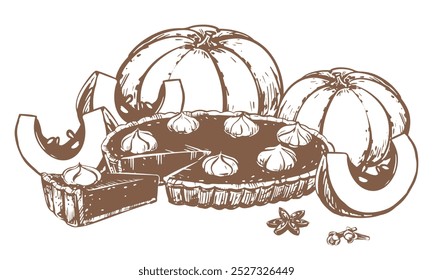 Pastel de calabaza de otoño con crema batida. Horneado tradicional para Acción de Gracias y Halloween. Ilustración vectorial en estilo de boceto a mano. Dibujo a tinta de un pedazo de pastel y calabazas enteras.