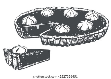 Autumn pumpkin pie with whipped cream. Traditional baking for Thanksgiving and Halloween. Vector illustration in hand sketch style. Line art ink drawing of a piece of pie.