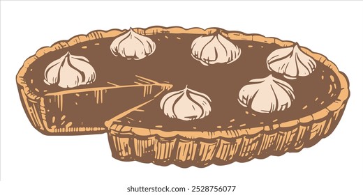 Pastel de calabaza de otoño con crema batida. Horneado tradicional para Acción de Gracias y Halloween. Ilustración vectorial en estilo de boceto dibujado a mano. Arte lineal en tinta.