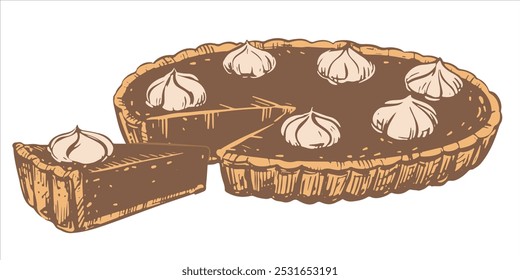 Autumn pumpkin pie with whipped cream. Traditional baking for Thanksgiving and Halloween. Vector illustration in hand-drawn sketch style. Line art in ink.